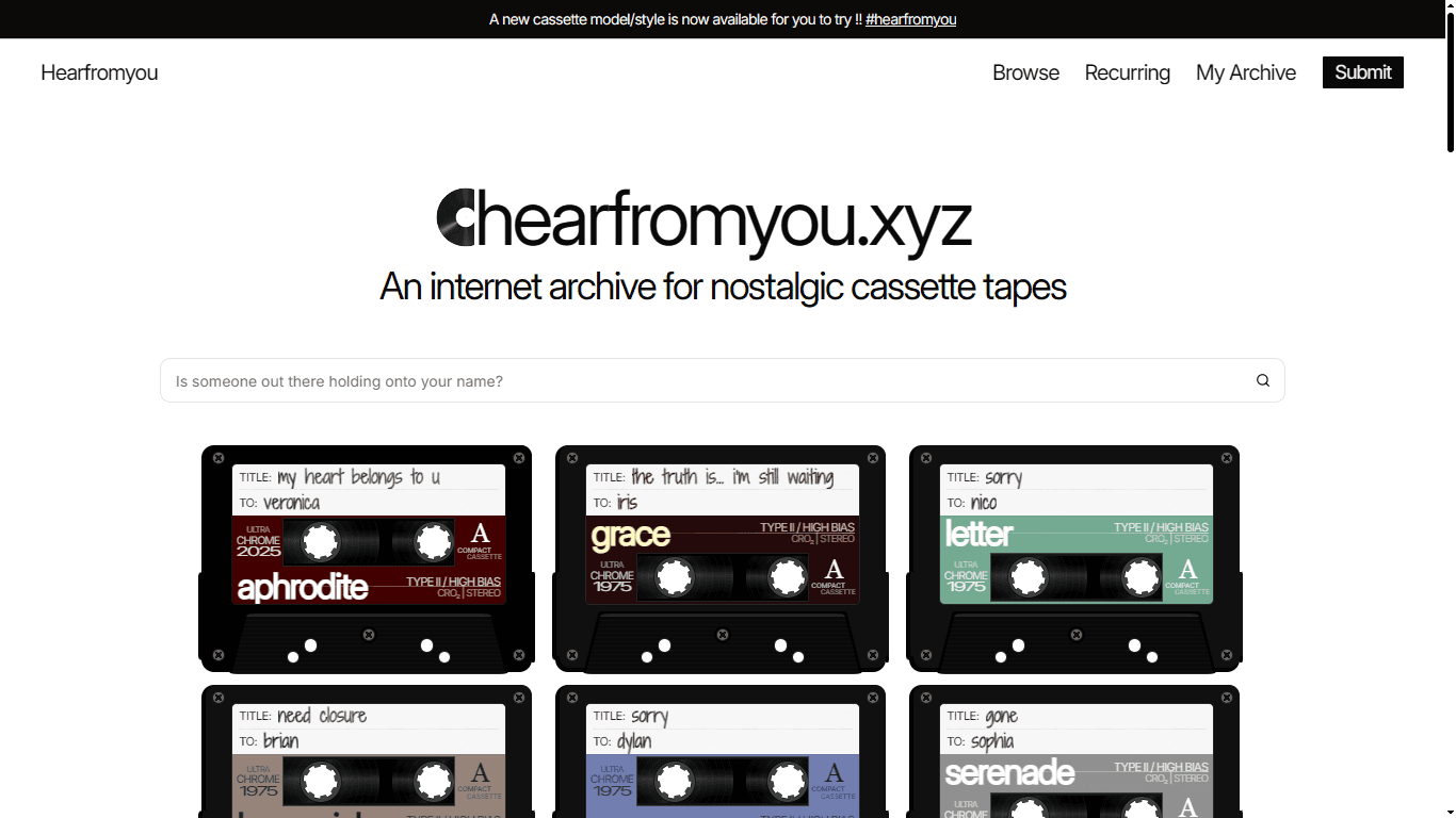 Screenshot of the global internet archive for cassette tapes, showing a shared collection of cassette tapes created and sent by users from around the world
