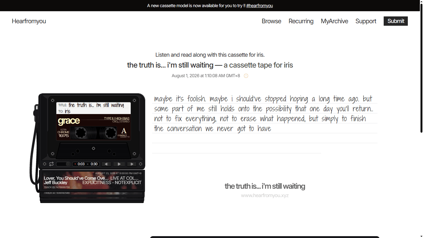 Screenshot of a single custom cassette tape, showing the title, tracklist, and personal message left by one person for another