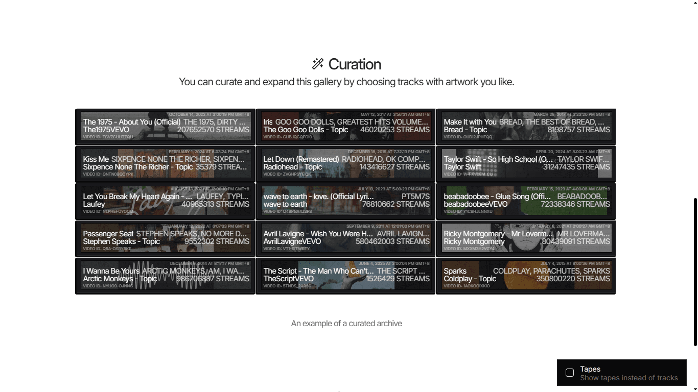 Screenshot of a user's personal archive, showing every cassette tape they've created along with the tracks chosen for each one